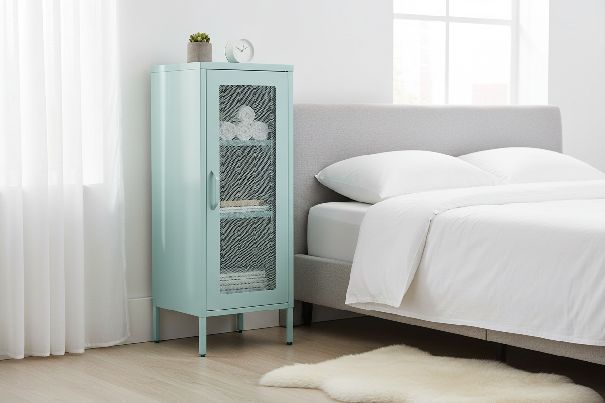 Slim Light Blue Metal Storage Cabinet with Mesh Door - - cabinet