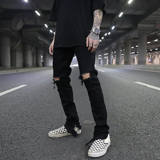 High Street Style Slim Fit Button Design Ripped Jeans - Black XL - jeans