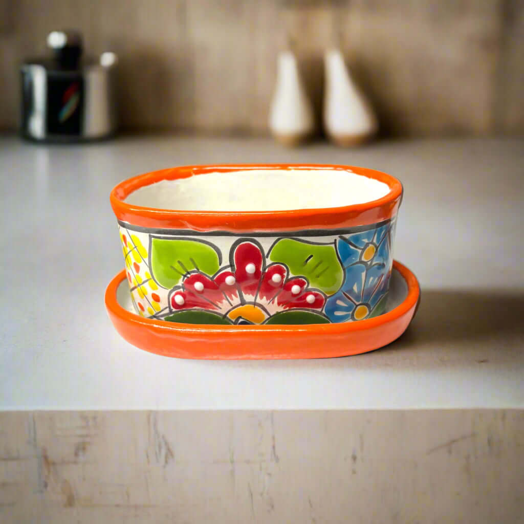 Small Talavera Flower Pot Colorful Hand-Painted Mexican Planter - Orange - Talavera Flower Pot