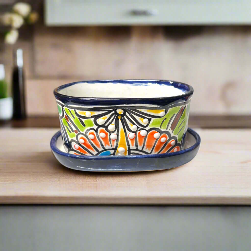 Small Talavera Flower Pot Colorful Hand-Painted Mexican Planter - Blue - Talavera Flower Pot