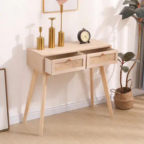 Wood Side Table with Two Rattan Drawers - Kia Day Design