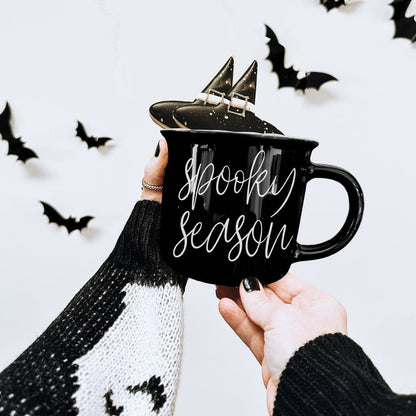 Spooky Season Black Ceramic Mug 14.5oz Halloween Coffee Cup Haunted White Graphics - - Halloween