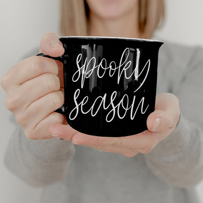 Spooky Season Black Ceramic Mug 14.5oz Halloween Coffee Cup Haunted White Graphics - - Halloween