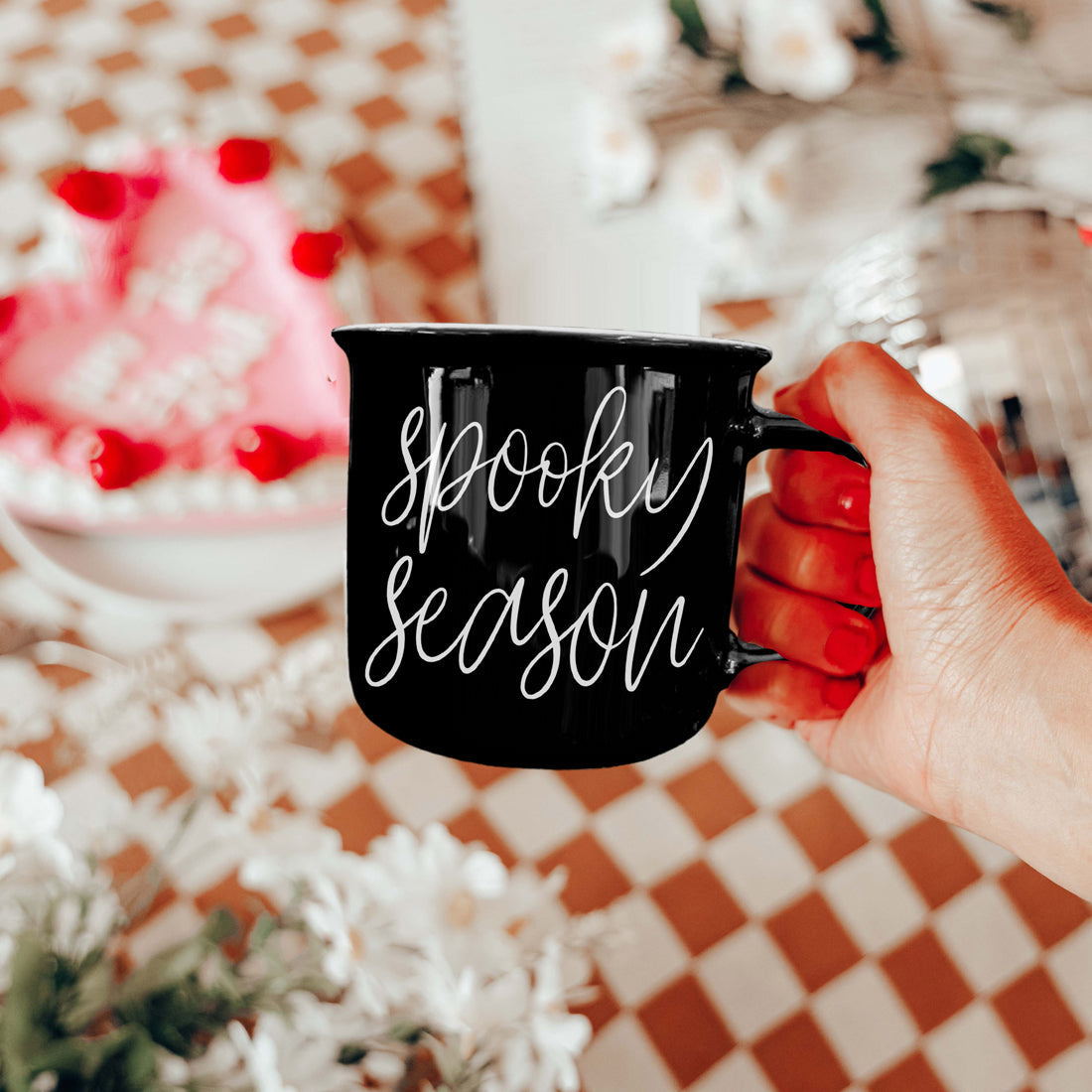 Spooky Season Black Ceramic Mug 14.5oz Halloween Coffee Cup Haunted White Graphics - - Halloween