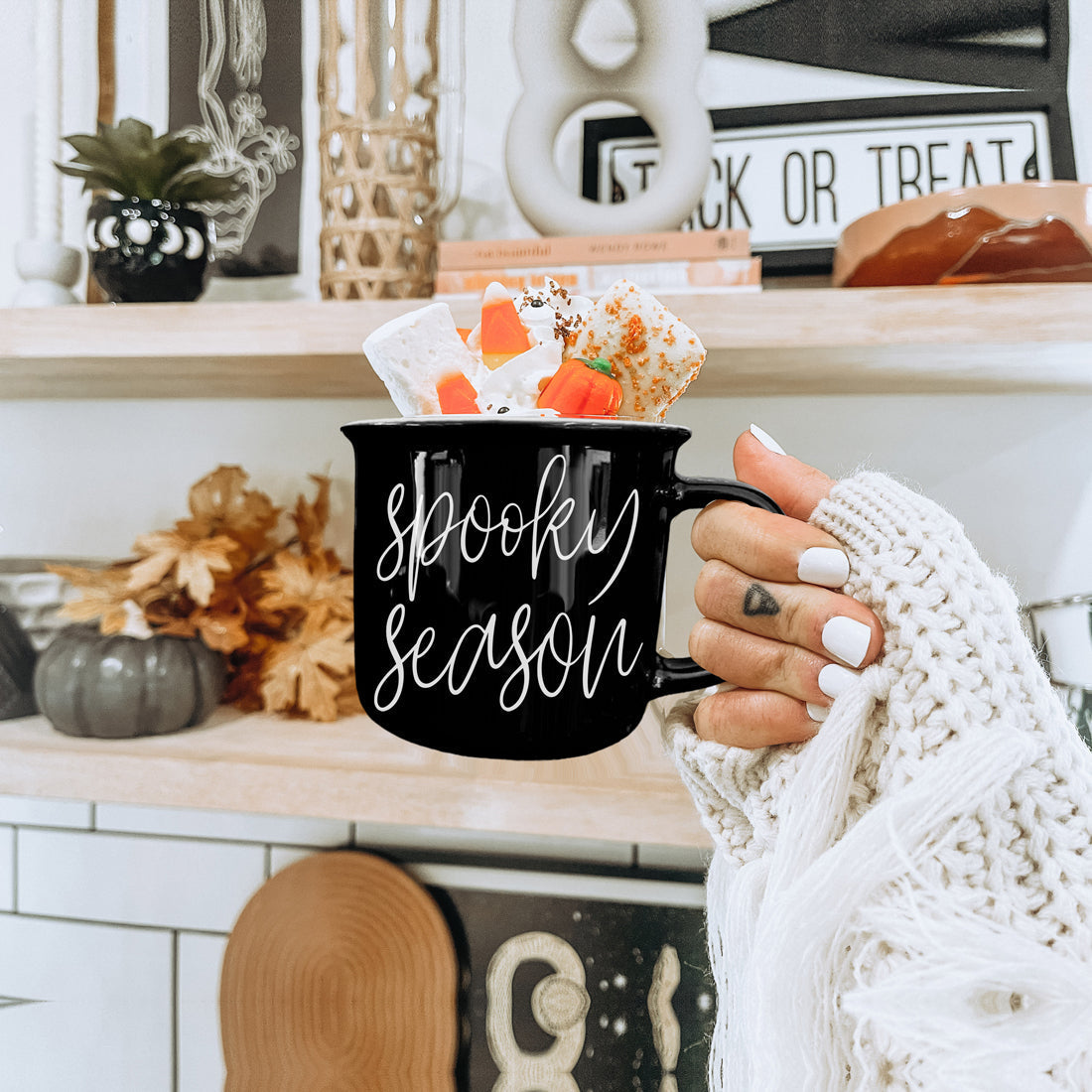Spooky Season Black Ceramic Mug 14.5oz Halloween Coffee Cup Haunted White Graphics - - Halloween