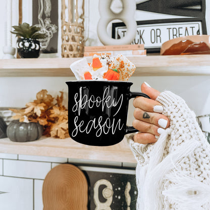 Spooky Season Black Ceramic Mug 14.5oz Halloween Coffee Cup Haunted White Graphics - - Halloween