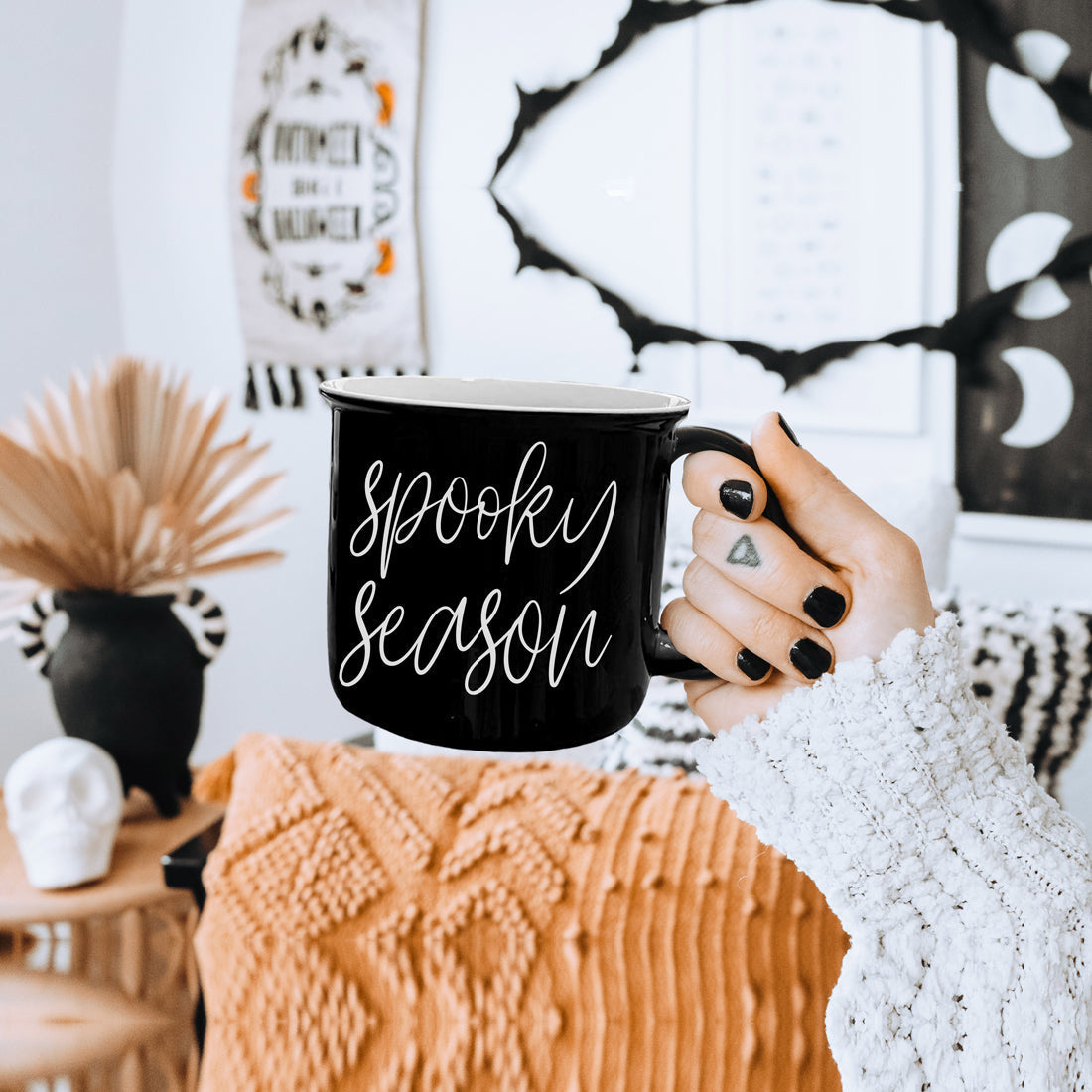 Spooky Season Black Ceramic Mug 14.5oz Halloween Coffee Cup Haunted White Graphics - - Halloween
