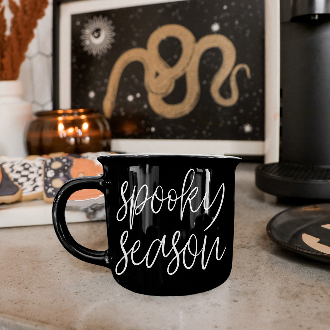 Spooky Season Black Ceramic Mug 14.5oz Halloween Coffee Cup Haunted White Graphics - - Halloween