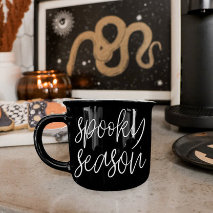 Spooky Season Black Ceramic Mug 14.5oz Halloween Coffee Cup Haunted White Graphics - - Halloween