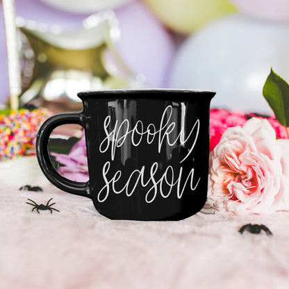 Spooky Season Black Ceramic Mug 14.5oz Halloween Coffee Cup Haunted White Graphics - - Halloween