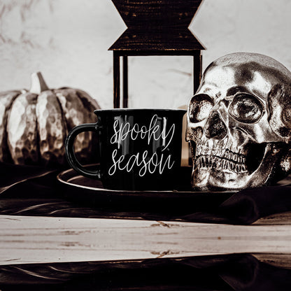 Spooky Season Black Ceramic Mug 14.5oz Halloween Coffee Cup Haunted White Graphics - - Halloween