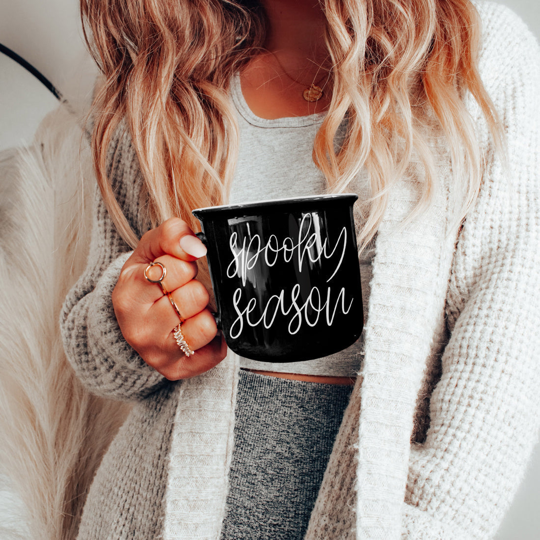 Spooky Season Black Ceramic Mug 14.5oz Halloween Coffee Cup Haunted White Graphics - - Halloween