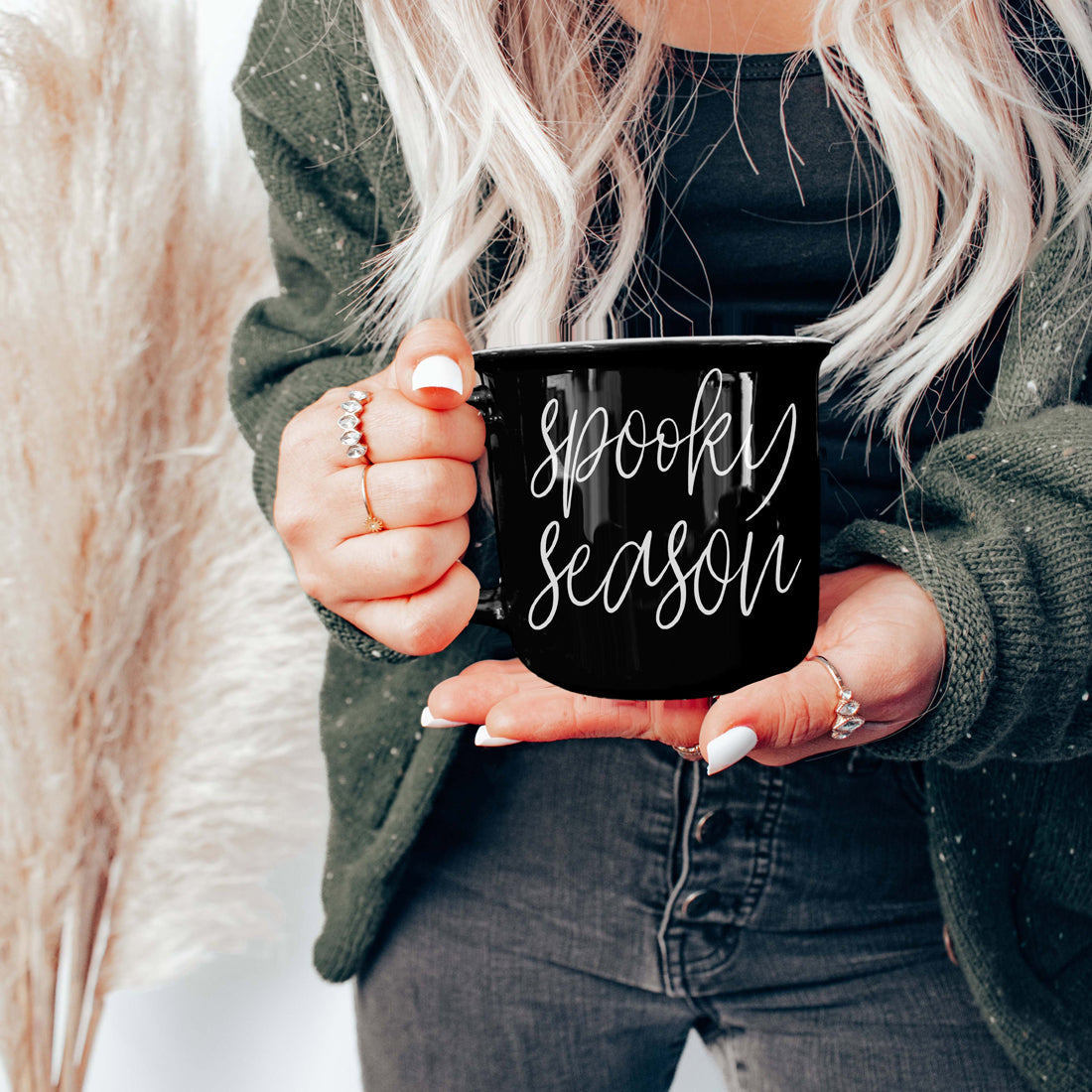 Spooky Season Black Ceramic Mug 14.5oz Halloween Coffee Cup Haunted White Graphics - - Halloween