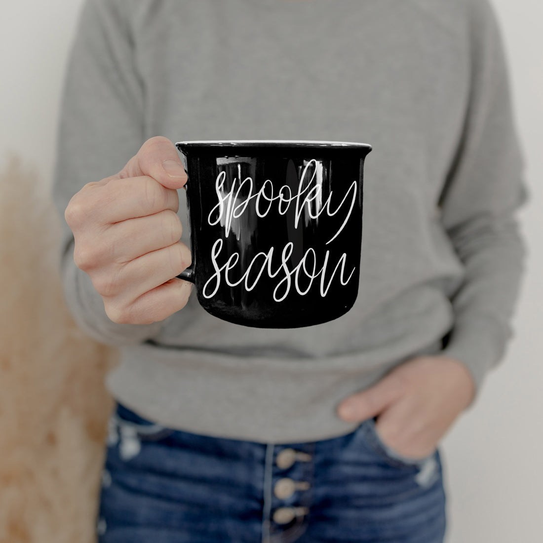 Spooky Season Black Ceramic Mug 14.5oz Halloween Coffee Cup Haunted White Graphics - - Halloween