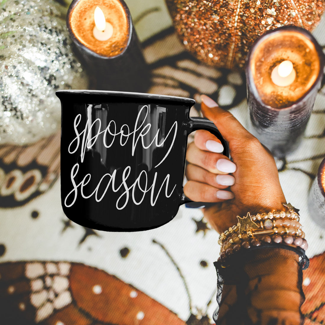 Spooky Season Black Ceramic Mug 14.5oz Halloween Coffee Cup Haunted White Graphics - - Halloween