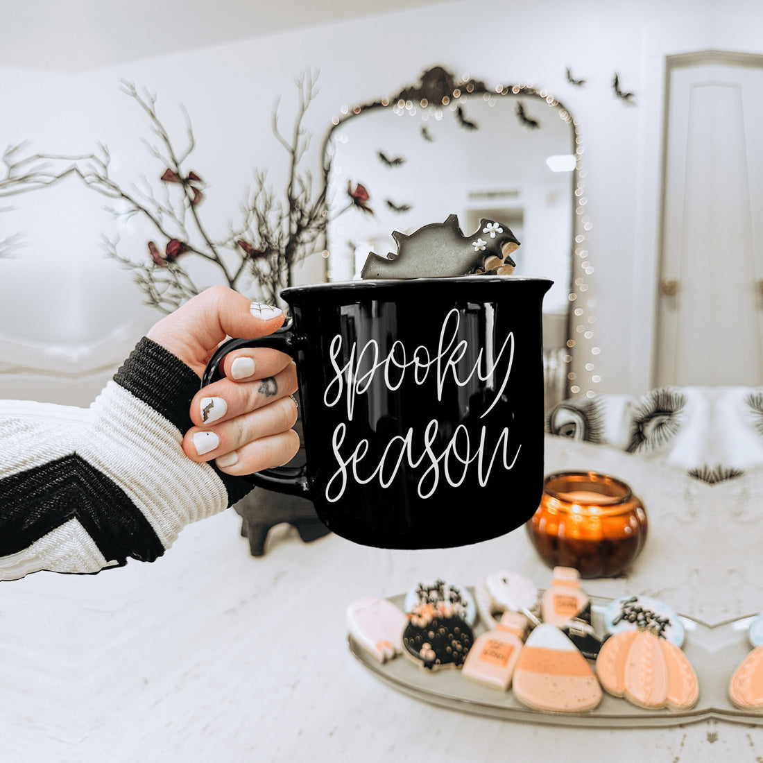 Spooky Season Black Ceramic Mug 14.5oz Halloween Coffee Cup Haunted White Graphics - - Halloween