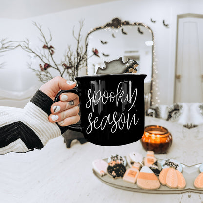 Spooky Season Black Ceramic Mug 14.5oz Halloween Coffee Cup Haunted White Graphics - - Halloween