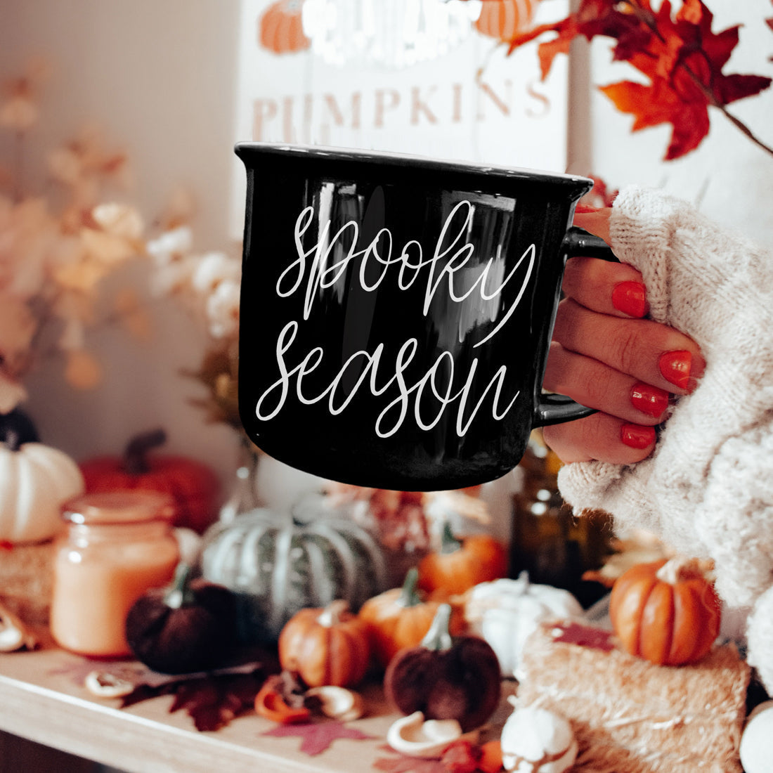 Spooky Season Black Ceramic Mug 14.5oz Halloween Coffee Cup Haunted White Graphics - - Halloween