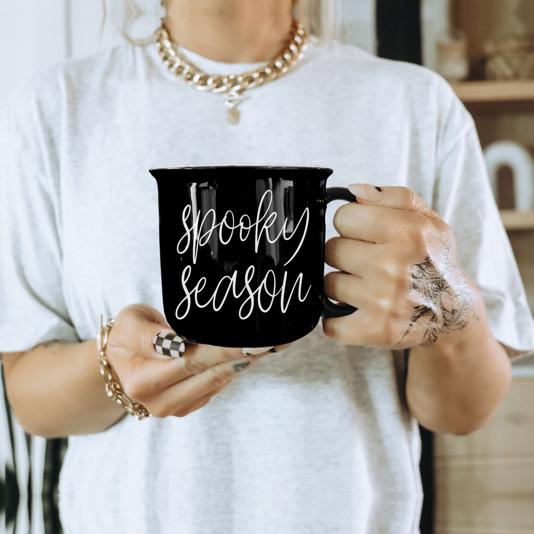 Spooky Season Black Ceramic Mug 14.5oz Halloween Coffee Cup Haunted White Graphics - - Halloween
