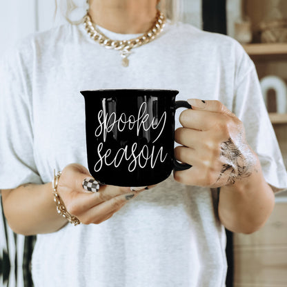 Spooky Season Black Ceramic Mug 14.5oz Halloween Coffee Cup Haunted White Graphics - - Halloween