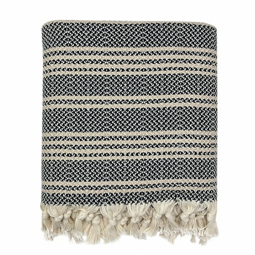High-Quality Woven Stripe Turkish Throw - Black + Sand - Home Decor
