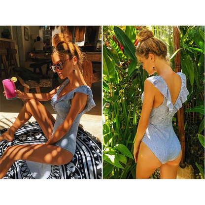 Striped Ruffled Swimsuit - -