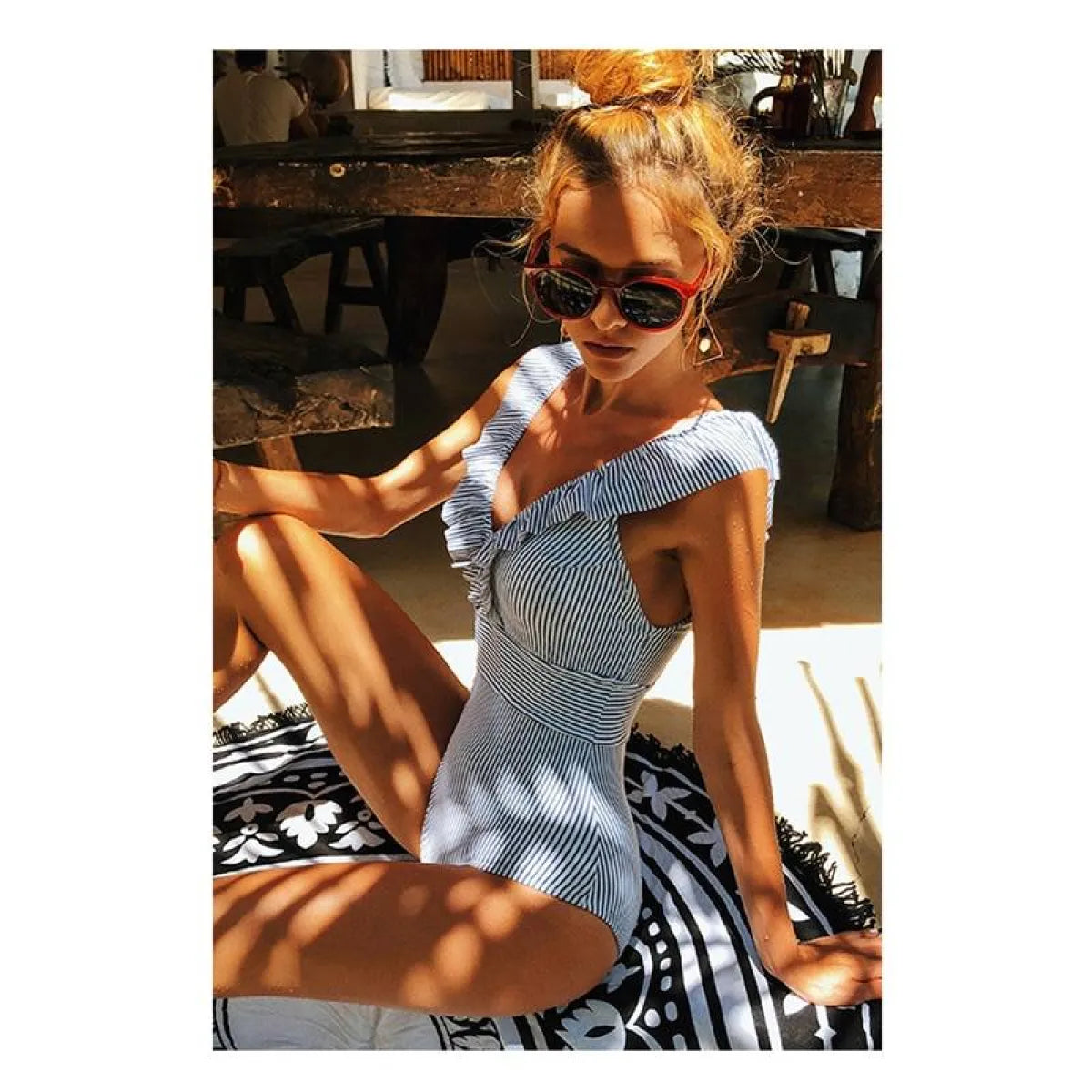 Striped Ruffled Swimsuit - -