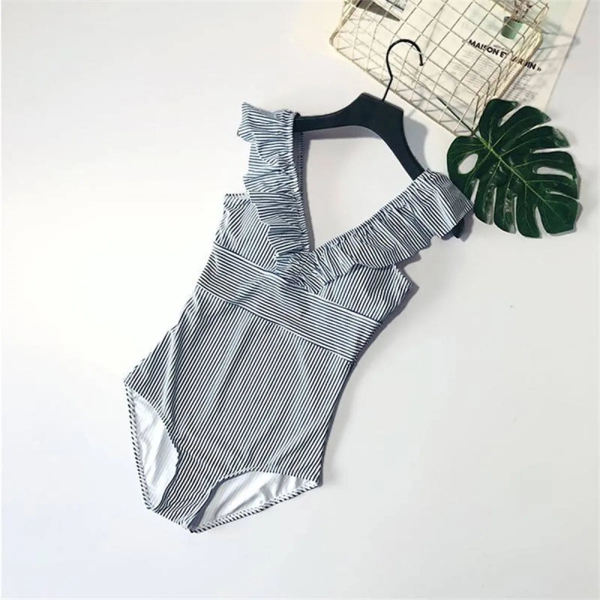 Striped Ruffled Swimsuit - -