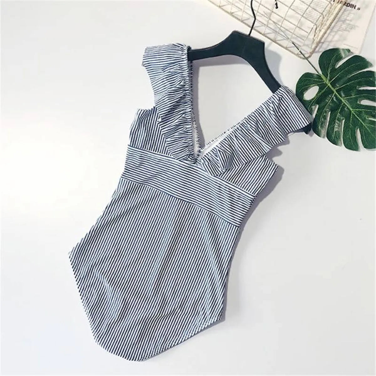 Striped Ruffled Swimsuit - -