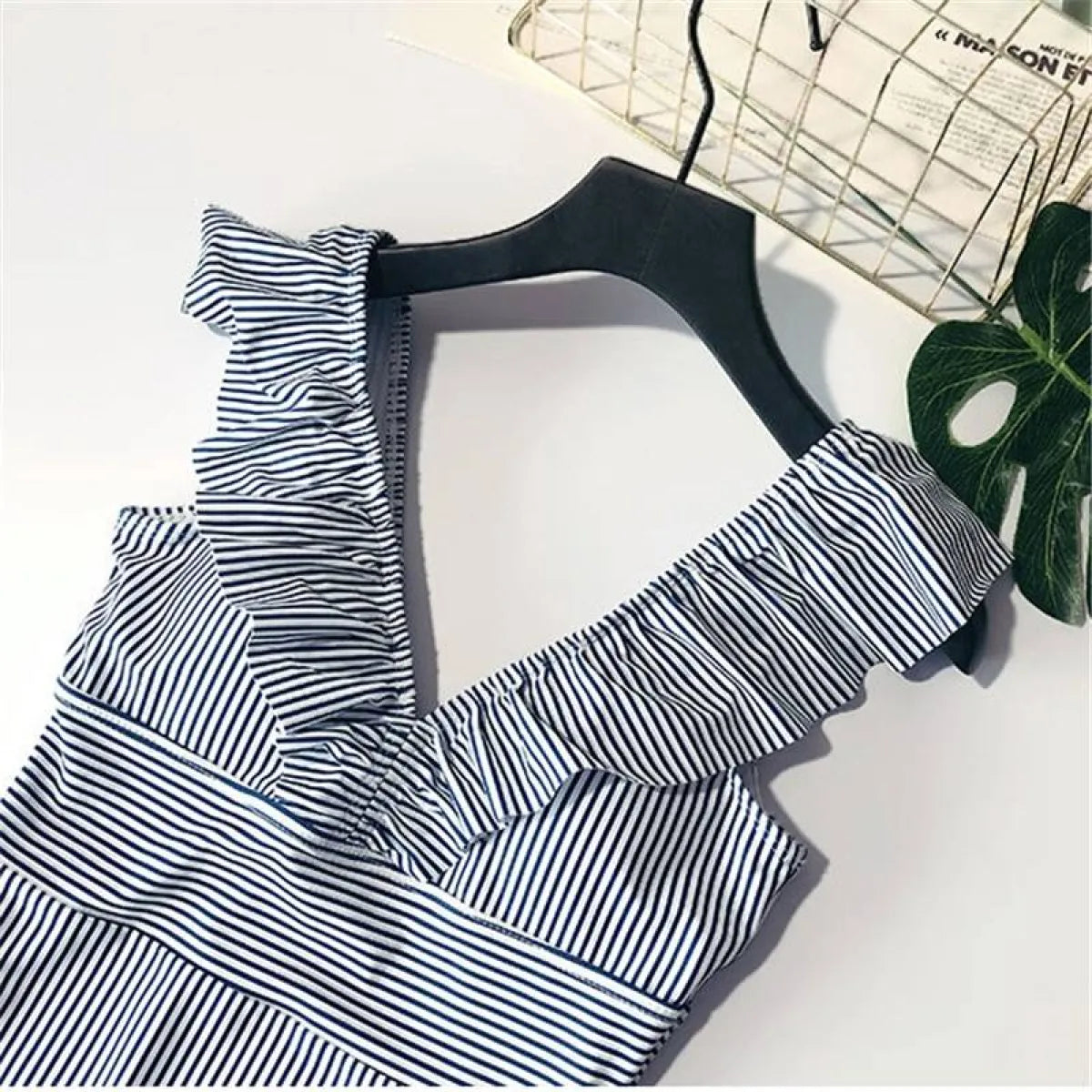 Striped Ruffled Swimsuit - -