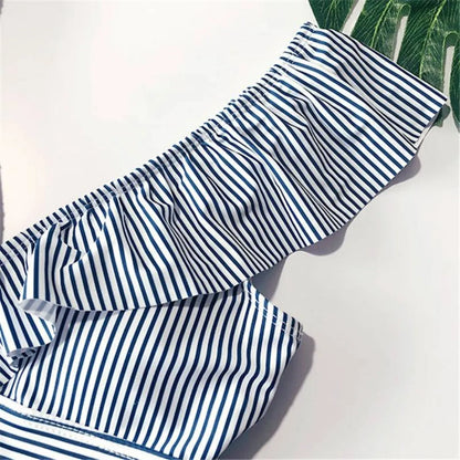 Striped Ruffled Swimsuit - -
