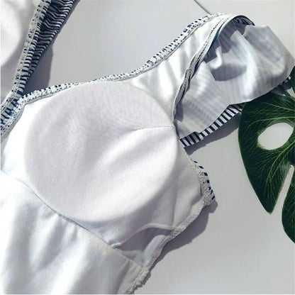 Striped Ruffled Swimsuit - -