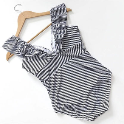Striped Ruffled Swimsuit - -