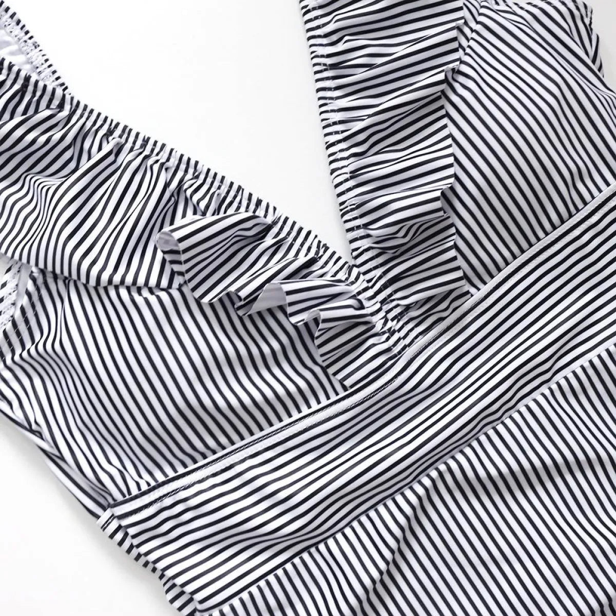 Striped Ruffled Swimsuit - -