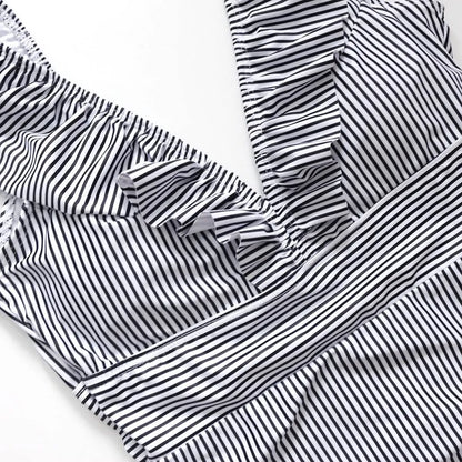 Striped Ruffled Swimsuit - -