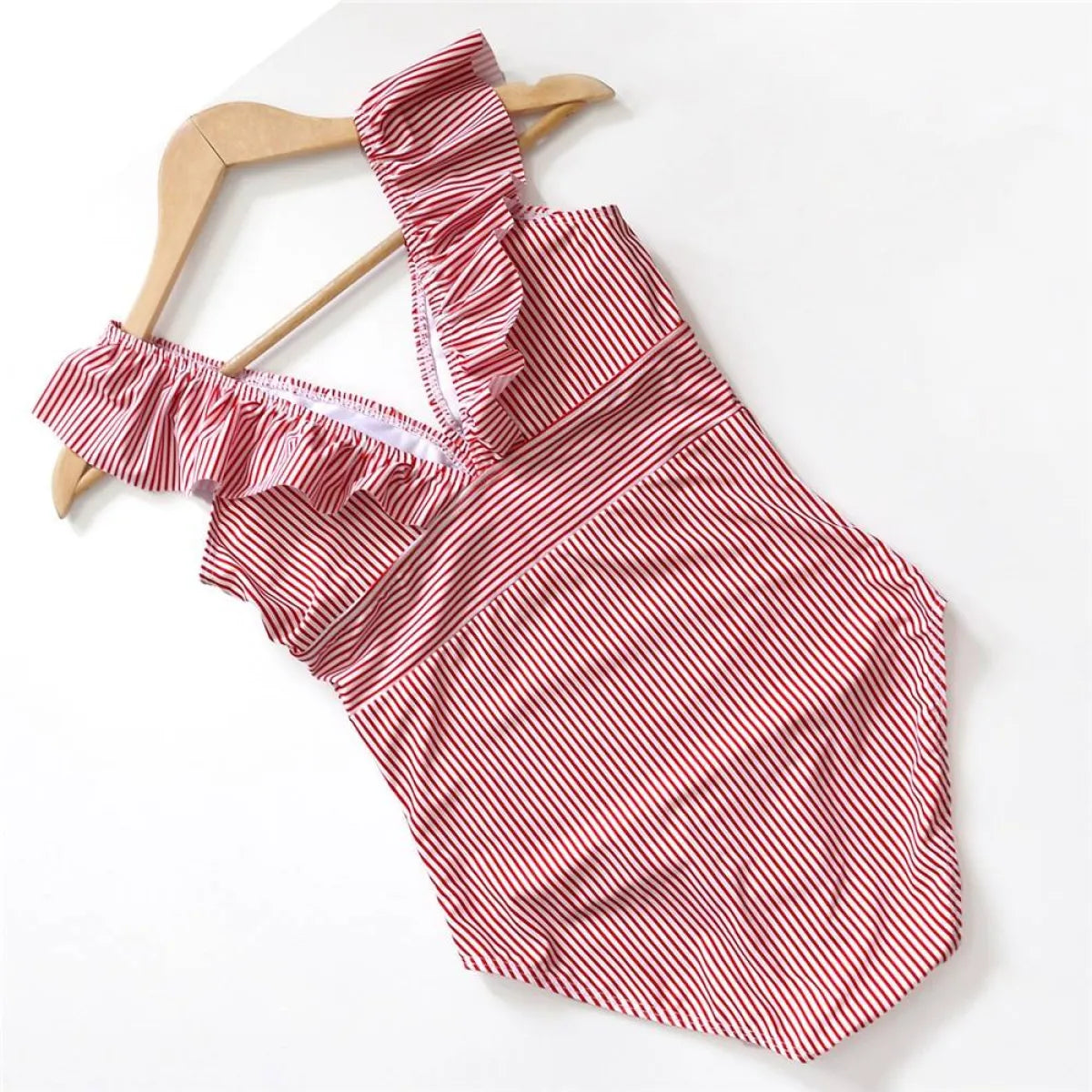 Striped Ruffled Swimsuit - -