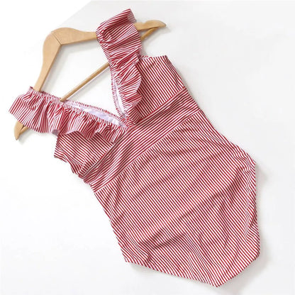 Striped Ruffled Swimsuit - -