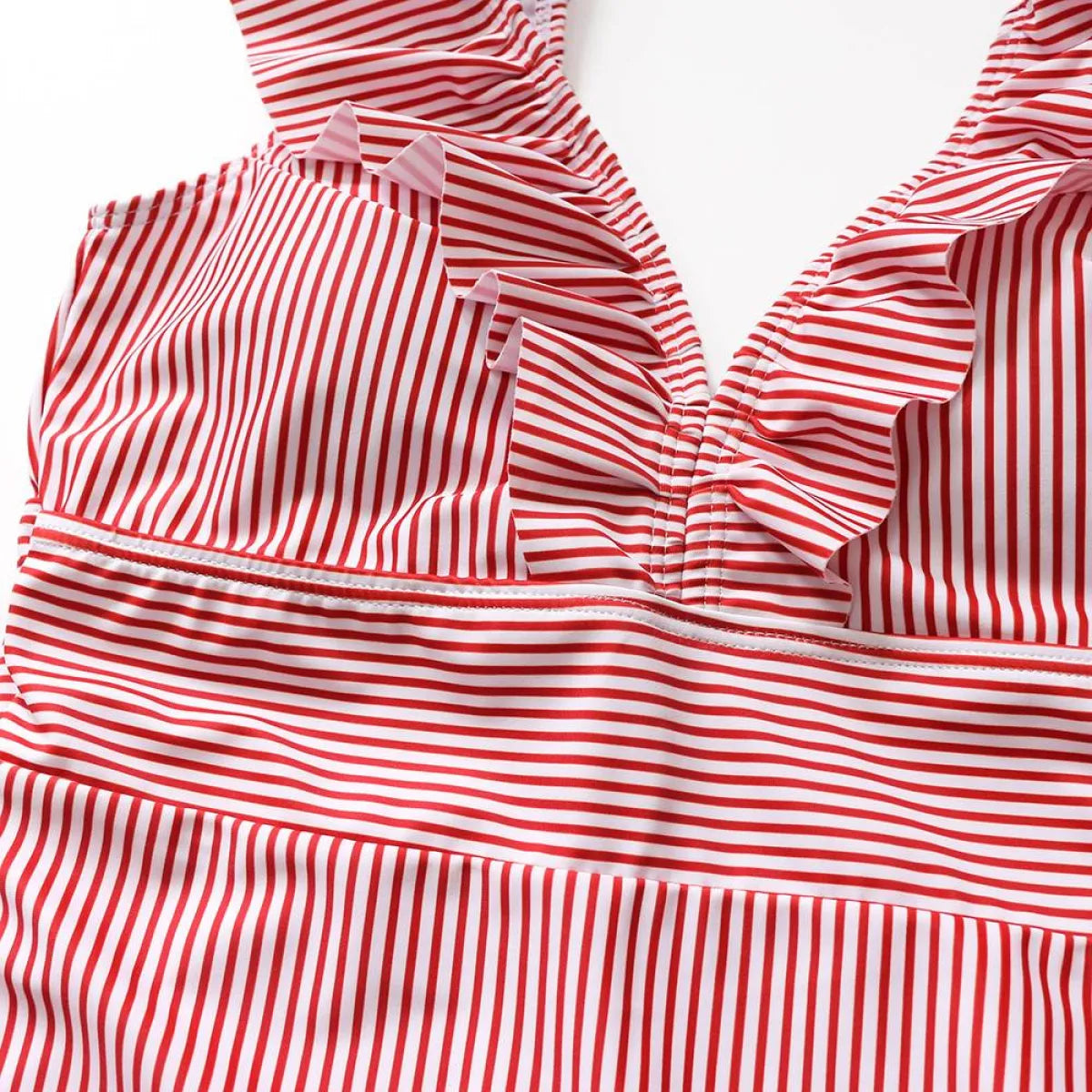 Striped Ruffled Swimsuit - -