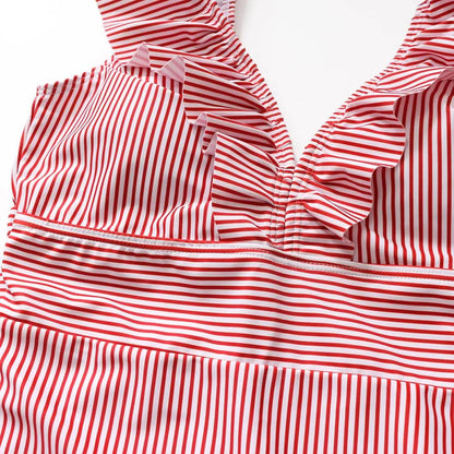 Striped Ruffled Swimsuit - -