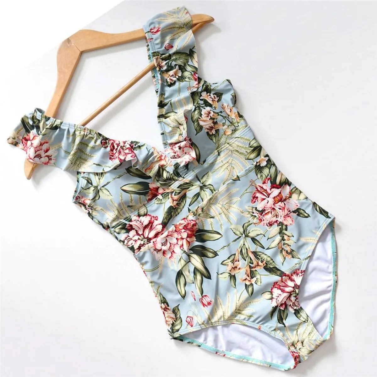 Striped Ruffled Swimsuit - -