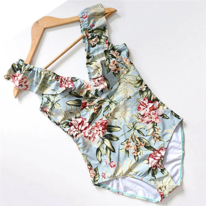 Striped Ruffled Swimsuit - -