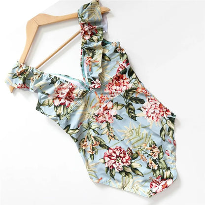 Striped Ruffled Swimsuit - -