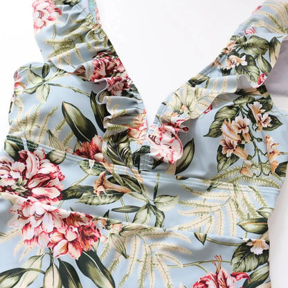 Striped Ruffled Swimsuit - -