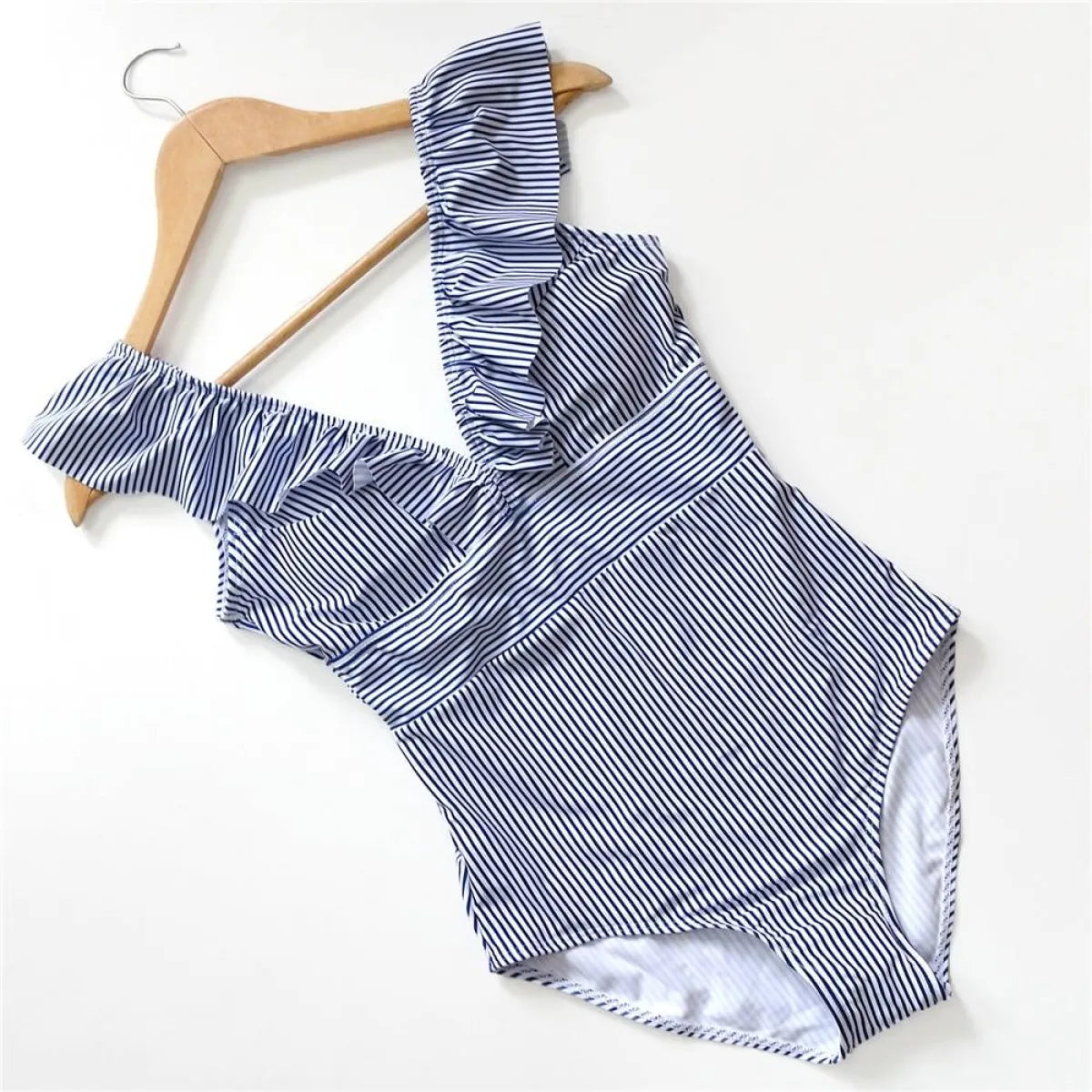 Striped Ruffled Swimsuit - -
