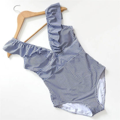 Striped Ruffled Swimsuit - -