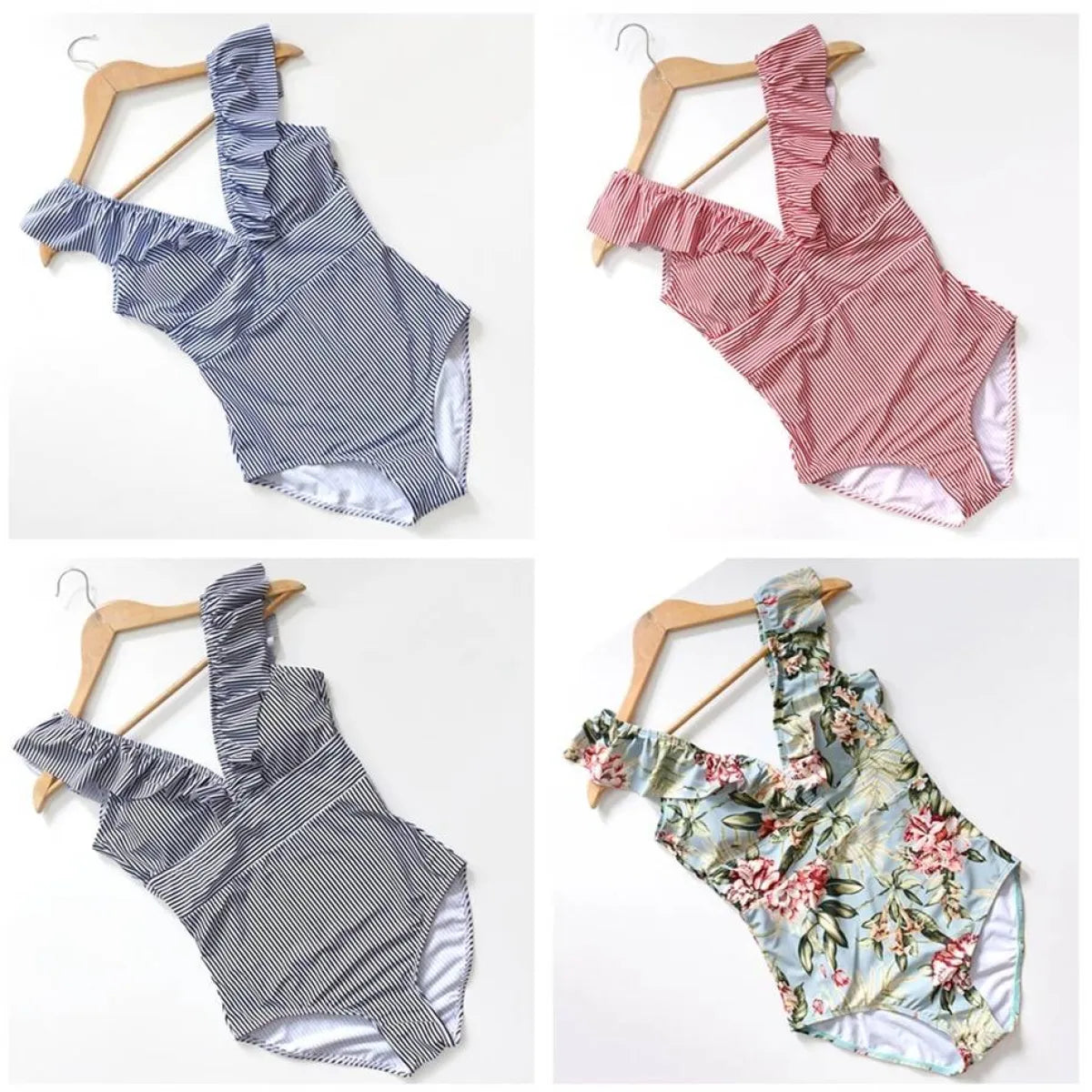 Striped Ruffled Swimsuit - -