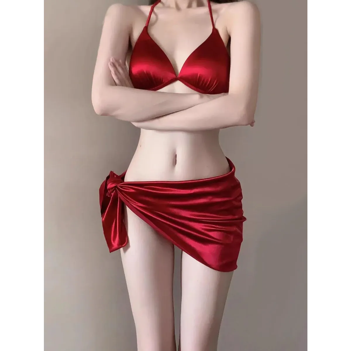 Satin Halter Bikini Set – Korean 3PCS Swimsuit with Skirt - - Swimwear