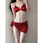 Satin Halter Bikini Set – Korean 3PCS Swimsuit with Skirt - Dark Red - Swimwear