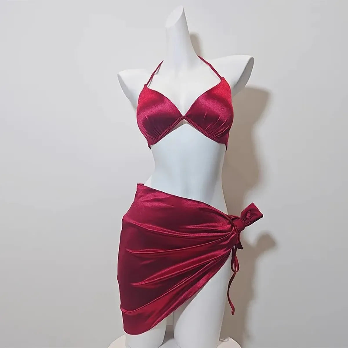 Satin Halter Bikini Set – Korean 3PCS Swimsuit with Skirt - - Swimwear