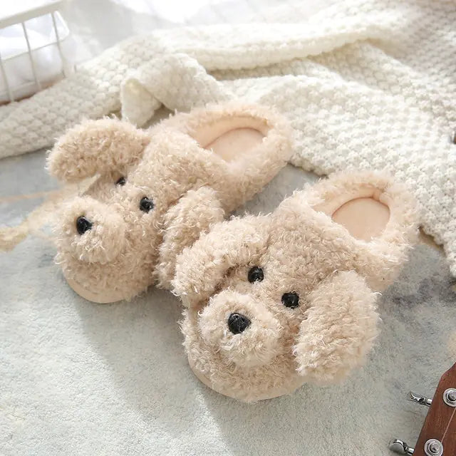 Fluffy Animal Slippers - puppy khaki slides - slippers
